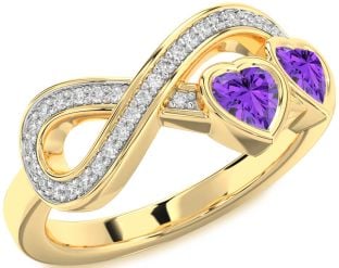 Diamond Emerald Gold Infinity Two Heart Birthstone Ring