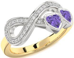 Diamond Emerald Platinum & Yellow Gold Infinity Two Heart Birthstone Ring