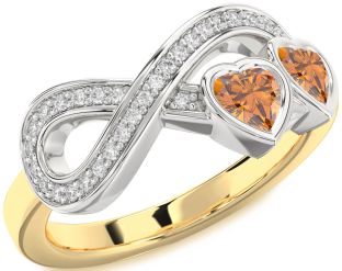 Diamond Emerald Platinum & Yellow Gold Infinity Two Heart Birthstone Ring