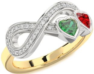 Diamond Emerald Platinum & Yellow Gold Infinity Two Heart Birthstone Ring