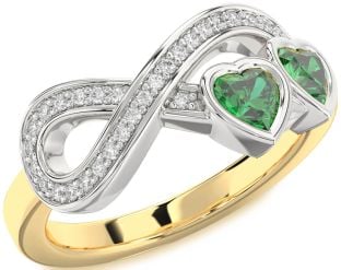 Diamond Emerald Platinum & Yellow Gold Infinity Two Heart Birthstone Ring