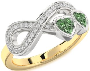 Diamond Emerald Platinum & Yellow Gold Infinity Two Heart Birthstone Ring