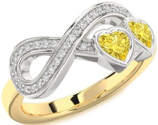 Diamond Emerald Platinum & Yellow Gold Infinity Two Heart Birthstone Ring