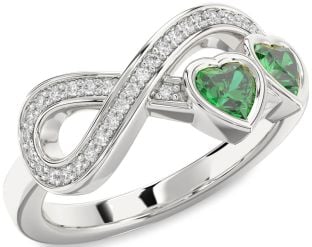 Diamond Emerald Silver Infinity Two Heart Birthstone Ring