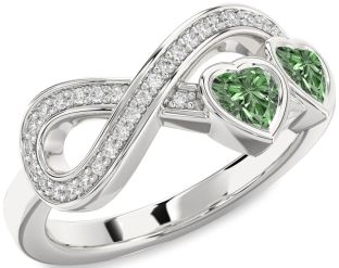 Diamond Emerald Platinum Infinity Two Heart Birthstone Ring