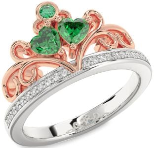 Diamond Emerald Platinum & Rose Gold Two Heart Birthstone Ring