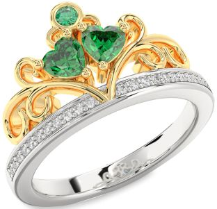 Diamond Emerald Platinum & Yellow Gold Two Heart Birthstone Ring