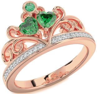 Diamond Emerald Rose Gold Two Heart Birthstone Ring
