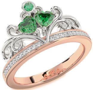 Diamond Emerald Platinum & Rose Gold Two Heart Birthstone Ring