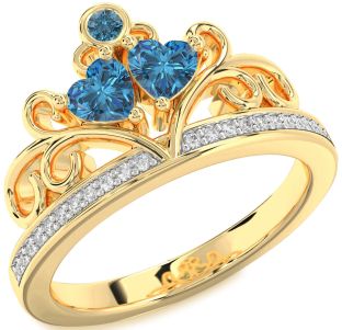 Blue Diamond Gold Silver Two Heart Ring