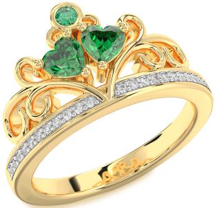 Diamond Emerald Gold Two Heart Birthstone Ring