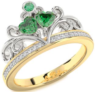 Diamond Emerald Platinum & Yellow Gold Two Heart Birthstone Ring