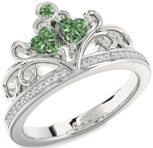 Green Diamond Silver Two Heart Ring