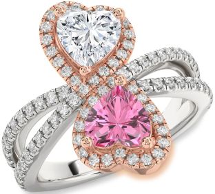 Diamond Rose Gold Silver Heart Two Stone Promise Ring