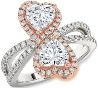 Diamond Silver & 10K Rose Gold Heart Two Stone Ring