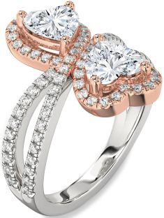 Diamond Silver & 10K Rose Gold Heart Two Stone Ring