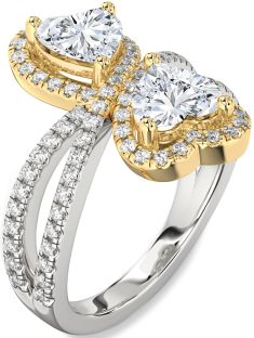 Diamond Silver & 10K gold Heart Two Stone Ring
