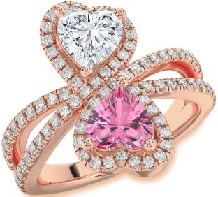 Diamond Rose Gold Silver Heart Two Stone Promise Ring