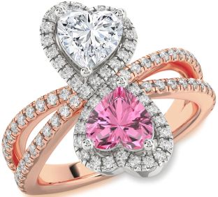 Diamond Rose Gold Silver Heart Two Stone Promise Ring