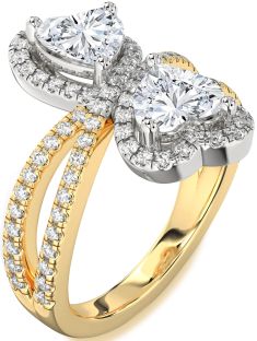 Diamond White Yellow Gold Heart Two Stone Ring