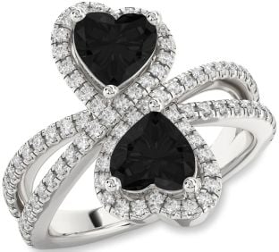 Black Diamond Silver Heart Two Stone Ring