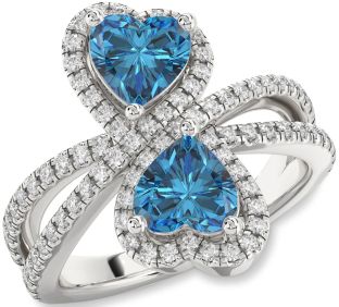Blue Diamond Silver Heart Two Stone Ring