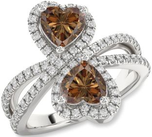 Chocolate Brown Diamond Silver Heart Two Stone Ring