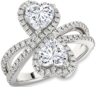 Diamond Silver Heart Two Stone Ring