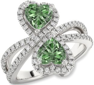 Green Diamond Silver Heart Two Stone Ring
