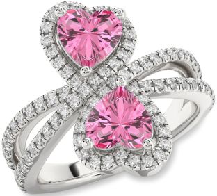 Diamond Pink Sapphire Silver Heart Two Stone Ring