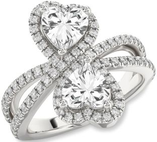 Diamond White Sapphire Silver Heart Two Stone Ring