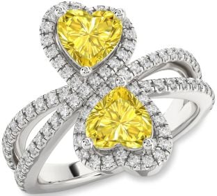 Yellow Diamond Silver Heart Two Stone Ring