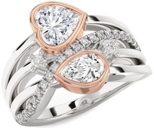 Diamond Silver & 10K Rose Gold Heart Two Stone Ring