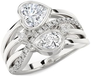 Diamond Silver Heart Two Stone Ring