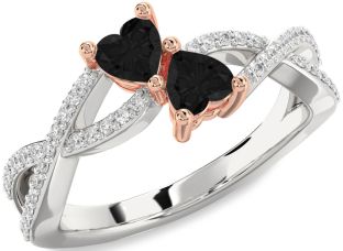 Diamond Emerald Platinum & Rose Gold Infinity Two Heart Birthstone Ring