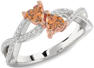 Diamond Emerald Platinum & Rose Gold Infinity Two Heart Birthstone Ring