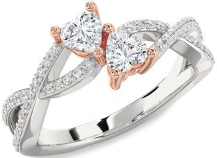 Diamond Silver & 10K Rose Gold Heart Two Heart Ring