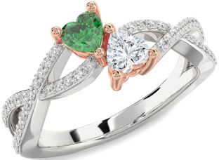 Diamond Emerald Platinum & Rose Gold Infinity Two Heart Birthstone Ring