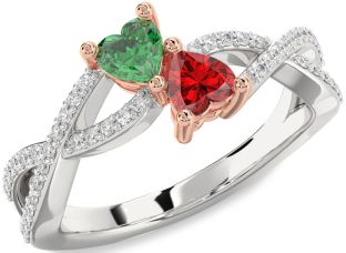 Diamond Emerald Platinum & Rose Gold Infinity Two Heart Birthstone Ring