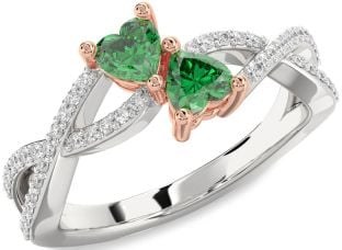 Diamond Emerald Platinum & Rose Gold Infinity Two Heart Birthstone Ring