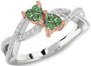 Diamond Emerald Platinum & Rose Gold Infinity Two Heart Birthstone Ring
