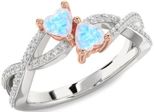 Diamond Emerald Platinum & Rose Gold Infinity Two Heart Birthstone Ring