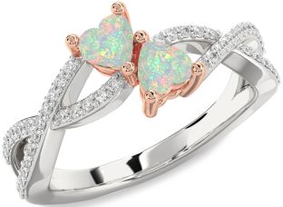 Diamond Emerald Platinum & Rose Gold Infinity Two Heart Birthstone Ring
