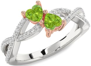 Diamond Emerald Platinum & Rose Gold Infinity Two Heart Birthstone Ring