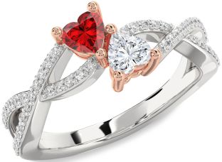 Diamond Emerald Platinum & Rose Gold Infinity Two Heart Birthstone Ring