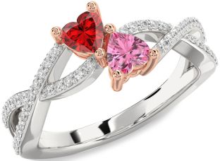 Diamond Emerald Platinum & Rose Gold Infinity Two Heart Birthstone Ring