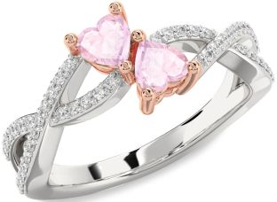 Diamond Emerald Platinum & Rose Gold Infinity Two Heart Birthstone Ring