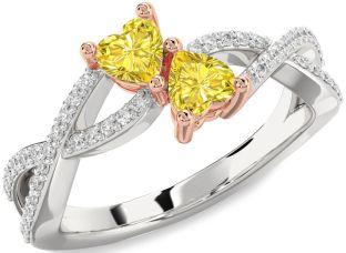 Diamond Emerald Platinum & Rose Gold Infinity Two Heart Birthstone Ring