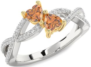 Diamond Emerald Platinum & Yellow Gold Infinity Two Heart Birthstone Ring