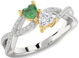 Diamond Emerald Platinum & Yellow Gold Infinity Two Heart Birthstone Ring